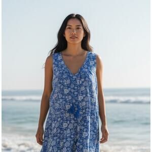 Lily Rose Dress Womens Size Large Blue Floral Sleeveless Tassel Ruffle Hem Boho